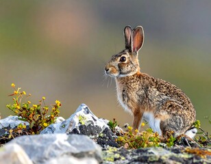 Fototapeta premium A wild rabbit with prominent ears sits on rocks with wildflowers and blurred green background