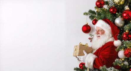 A man with a white beard wearing a Santa hat with a Christmas present in his hands. A smiling young man in a red jacket, a Christmas tree, highlighted on a white background using copy space.