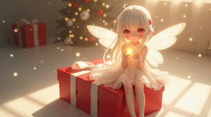 A fairy girl in a white dress sits on a gift next to a Christmas tree on the background of a window, Happy Christmas concept, anime-style digital painting