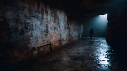 A lone silhouette walks through a dimly lit ancient stone tunnel towards a bright hazy exit