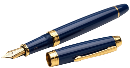 A Dark Blue Fountain Pen With Gold Trim The Cap Detached And Placed Near The Barrel Against A Transparent Background Isolate Writing Instrument Calligraphy Ink