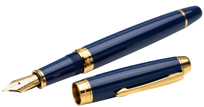 A Dark Blue Fountain Pen With Gold Trim The Cap Detached And Placed Near The Barrel Against A Transparent Background Isolate Writing Instrument Calligraphy Ink