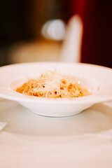 Delicious plate of pasta topped with cheese served in a cozy restaurant setting