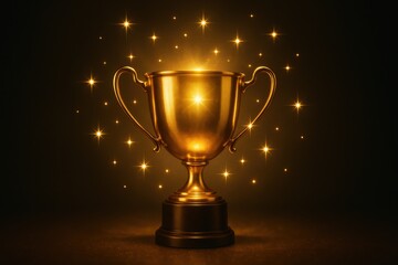 Golden trophy with sparkling stars on dark background symbolizing achievement and success in competition