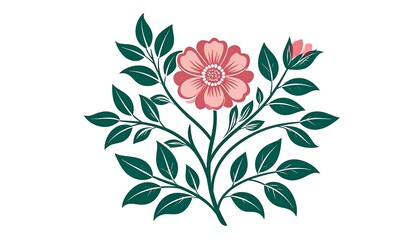 Pink floral illustration with green leaves on white background