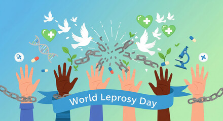 Diverse Hands Breaking Chains for World Leprosy Day with Medical Symbols disease freedom
