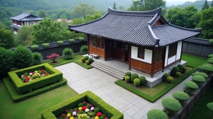 Obraz premium Traditional asian architecture with lush greenery and overcast sky