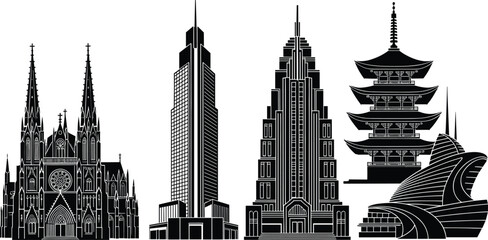 Architectural styles collection, gothic cathedral, modern skyscraper, art deco building, Japanese pagoda, futuristic structure, global design, cultural architecture