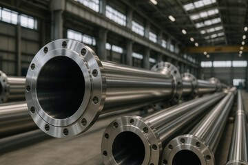 Fototapeta premium Close-Up View of Industrial Metal Pipes in Modern Manufacturing Facility with Natural Light from Windows