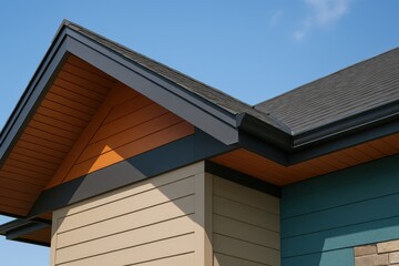 Modern Architectural Design of House Roofline with Distinctive Colorful Accent and Clean Lines Against Blue Sky