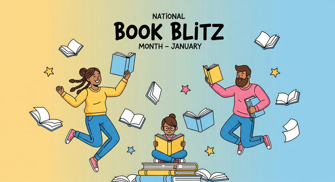 Diverse people joyfully celebrating National Book Blitz Month with books reading celebration