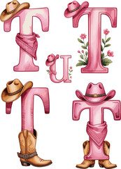 Western pink letter T and U set — cowboy hat, boots, and floral watercolor alphabet design for country decor