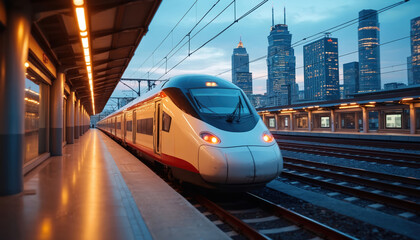Fototapeta premium High-speed train arrives at modern city station during twilight. Illuminated platforms showcase urban skyline reflecting in wet tracks. Dynamic travel scene, progress, connectivity. Ideal for