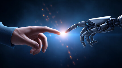 human and robot hand connection. future technology touch concept