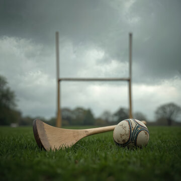 Hurling gear rests on a green field. A wooden hurley and sliotar lie near a goalpost under a cloudy sky. Sport equipment is ready for game play.