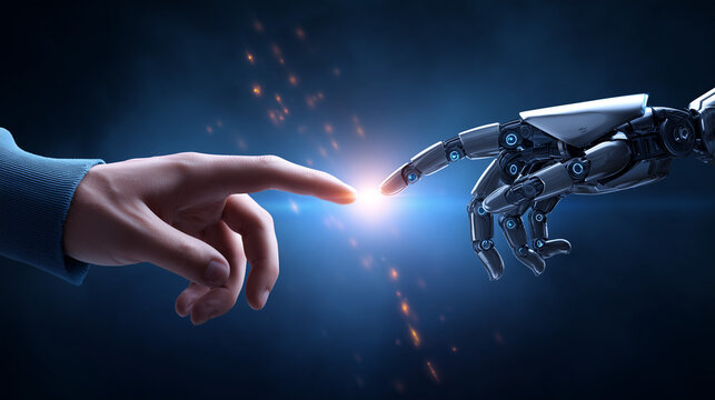 human and robot hand connection. future technology touch concept