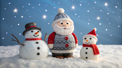 Fototapeta premium A delightful trio of knitted christmas characters featuring a snowman, santa claus, and another snowman, all standing in the snow against a starry blue backdrop