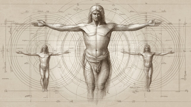 Illustration of Leonardo da Vinci's Vitruvian Man, two human figures in two overlapping circles and squares background