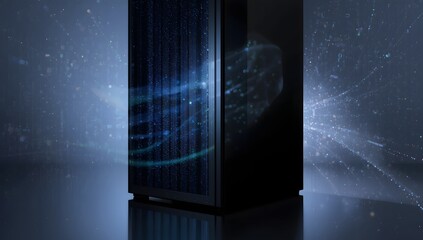 Modern server room data center shining with vibrant blue light, perfect for technology, data storage, and business presentations with cutting-edge design