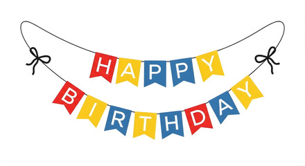 Birthday banner with colorful flags and letters spelling happy birthday
