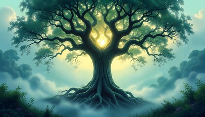 Fototapeta premium A majestic tree stands tall, bathed in a warm, golden light that emanates from its branches. The serene atmosphere evokes a sense of peace and connection with nature.