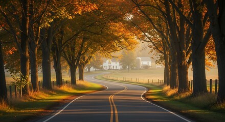 Obraz premium A winding road through an autumn landscape, lined with trees, leading towards a farmhouse