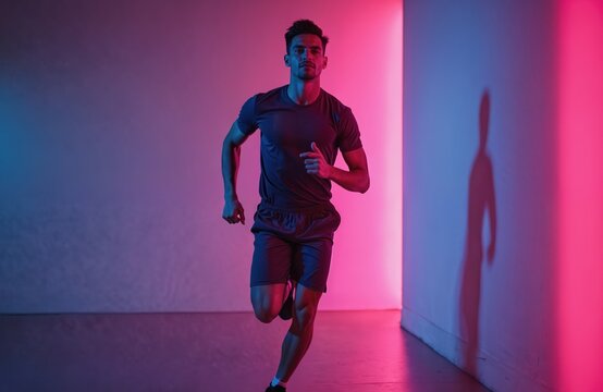 Young fit man athlete in dark sportswear runs forward in motion. Trains actively in studio. Dynamic neon light background features vibrant pink, blue colors. Image shows sport activity, healthy