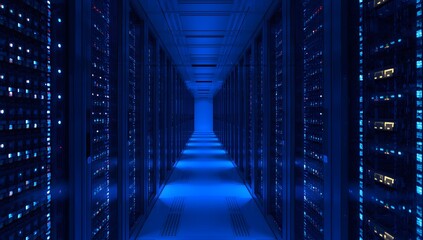 Navigate the Future Aisle of Data Servers for Innovative Tech Solutions and Secure Hosting Power in a Modern, Brightly Lit Blue Server Room