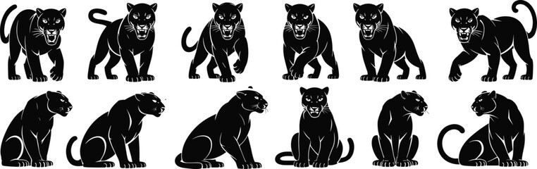 Set of panther silhouette vector illustrations, different poses and expressions, black jaguar designs, various crouching, roaring, and sitting positions, isolated on 