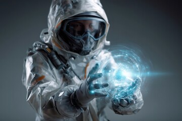 Scientist in protective suit holding a glowing abstract projection of a virus, representing advanced research and biotechnology