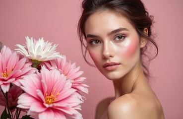Fototapeta premium Brunette woman receives floral beauty treatment. Close-up portrait of young female model with pink makeup, fresh skin. Delicate flowers surround face, creating romantic spa atmosphere. Image