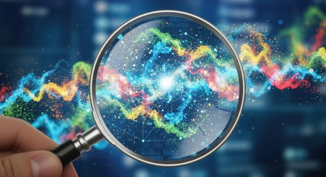Magnifying glass reveals colorful data streams and glowing particles, representing scientific discovery and analysis. - Powered by Adobe
