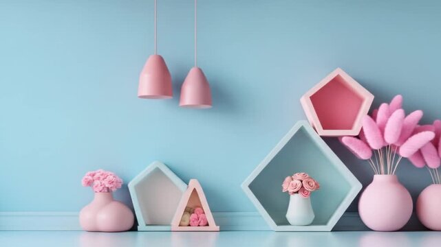 Pastel pink and blue geometric shelves and vases with floral decor