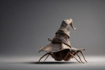 Obraz premium Hairy spider with eight legs wearing a textured fabric witch hat, walking on a plain surface, creating a playful halloween icon