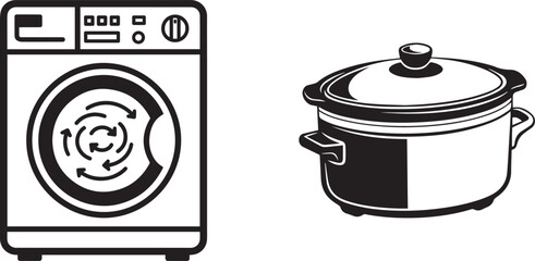 Black Line Art Home Appliances: Washing Machine and Slow Cooker