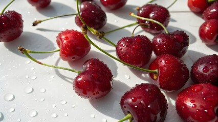 Fresh Ripe Red Cherries with Water Droplets on White Background
