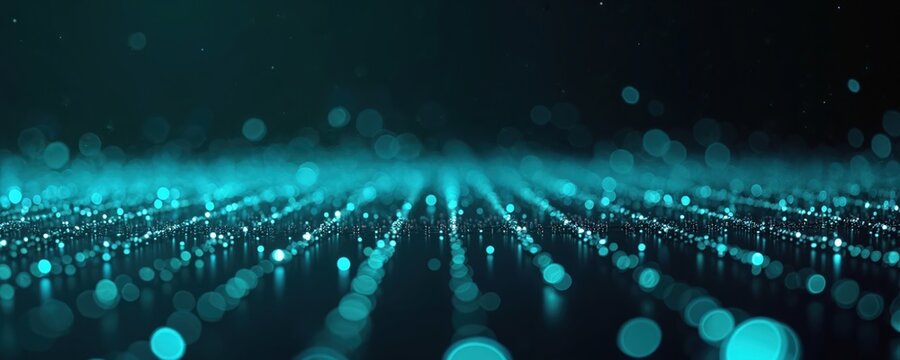 Abstract aqua blue glowing particles float on dark background. Digital light points create futuristic grid pattern. Cyber technology data stream motion.