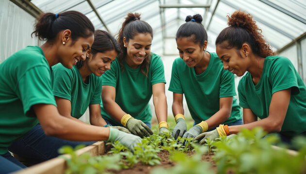 Smiling Indian women volunteers in green shirts plant young saplings in raised soil beds. Collaborate inside greenhouse on community garden project, fostering teamwork, sustainability, organic food
