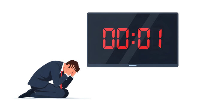 デッドライン、残り時間がない！切迫した状況で頭を抱えるビジネスマンのイラスト