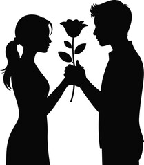 Couple silhouette giving a rose isolated on white background