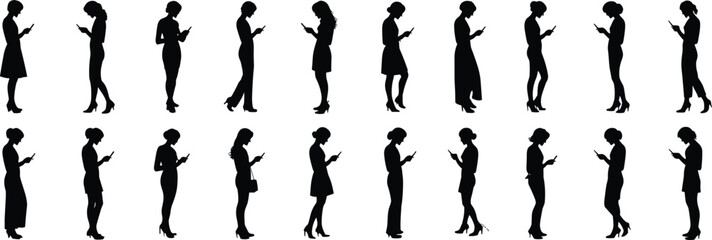 Collection of Diverse Female Silhouettes Using Mobile Phones: Communication, Technology, Connectivity, Modern Lifestyle, Social Media, Digital Device, People, 