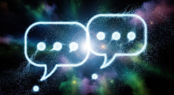 Abstract representation of two glowing speech bubbles connecting and communicating in a vibrant, starry cosmos.
