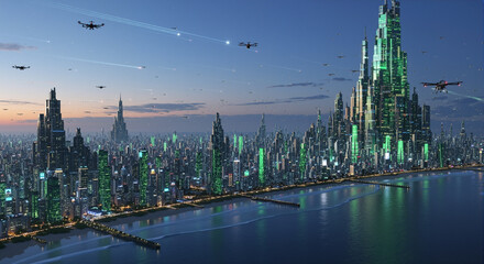Futuristic Cityscape with Drones