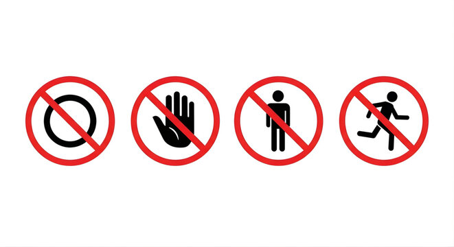 Prohibition signs set no entry no running no stopping no entry