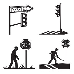 Collection of road signs and traffic symbols