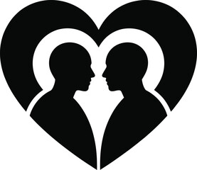 Two people silhouette inside heart shape isolated on white background