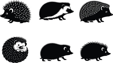 Flat vector hedgehog illustrations in different styles, wildlife animal silhouettes and cartoon designs, nature artwork template © MD
