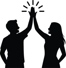 Two people giving a high five silhouette isolated on white background