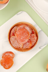 Dried Loquat Fruit Slices in Wooden Bowl - Healthy Sweet Snack Food Photography
