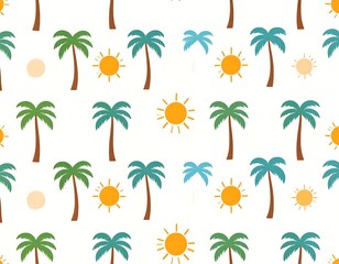 Obraz premium Repeated palm trees, suns, and circles create a seamless tropical pattern